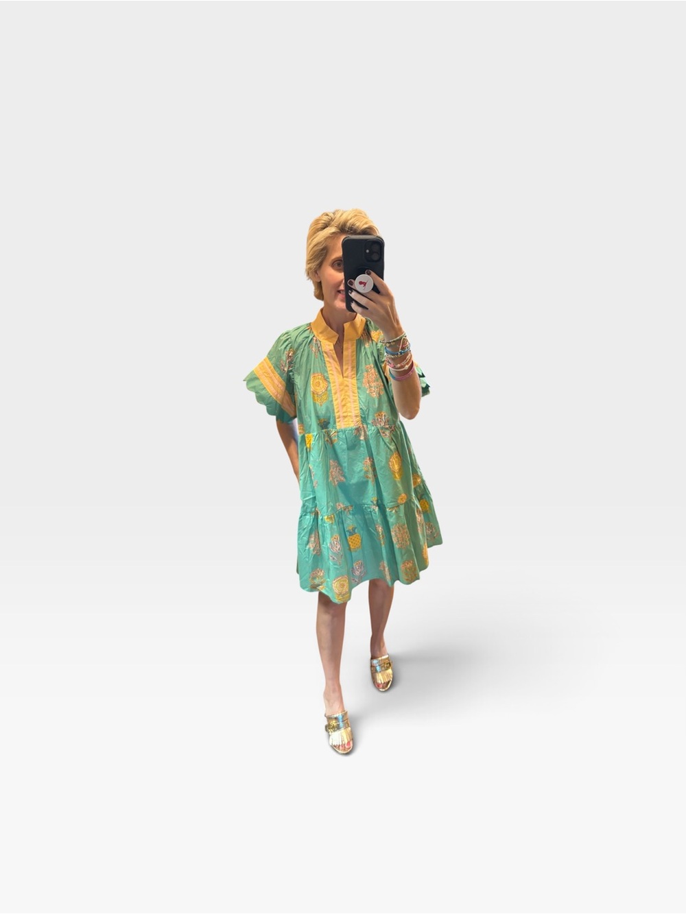 Umgee NWT, Green and Yellow Tiered Mini Dress, has pockets, Size M and L